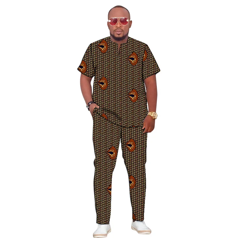 Summer V-Neck Tops Original Design Tee Shirts+Trousers African Print Men's Outfits Tailor Made Male Groom Pant Sets