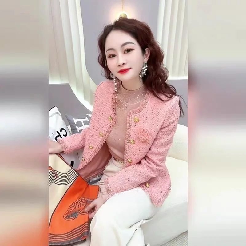Fall New Style Retro Floral Embellished Short Open Cardigan Women's round Neck Bright Sequin Pink Floral 3D Design Outerwear