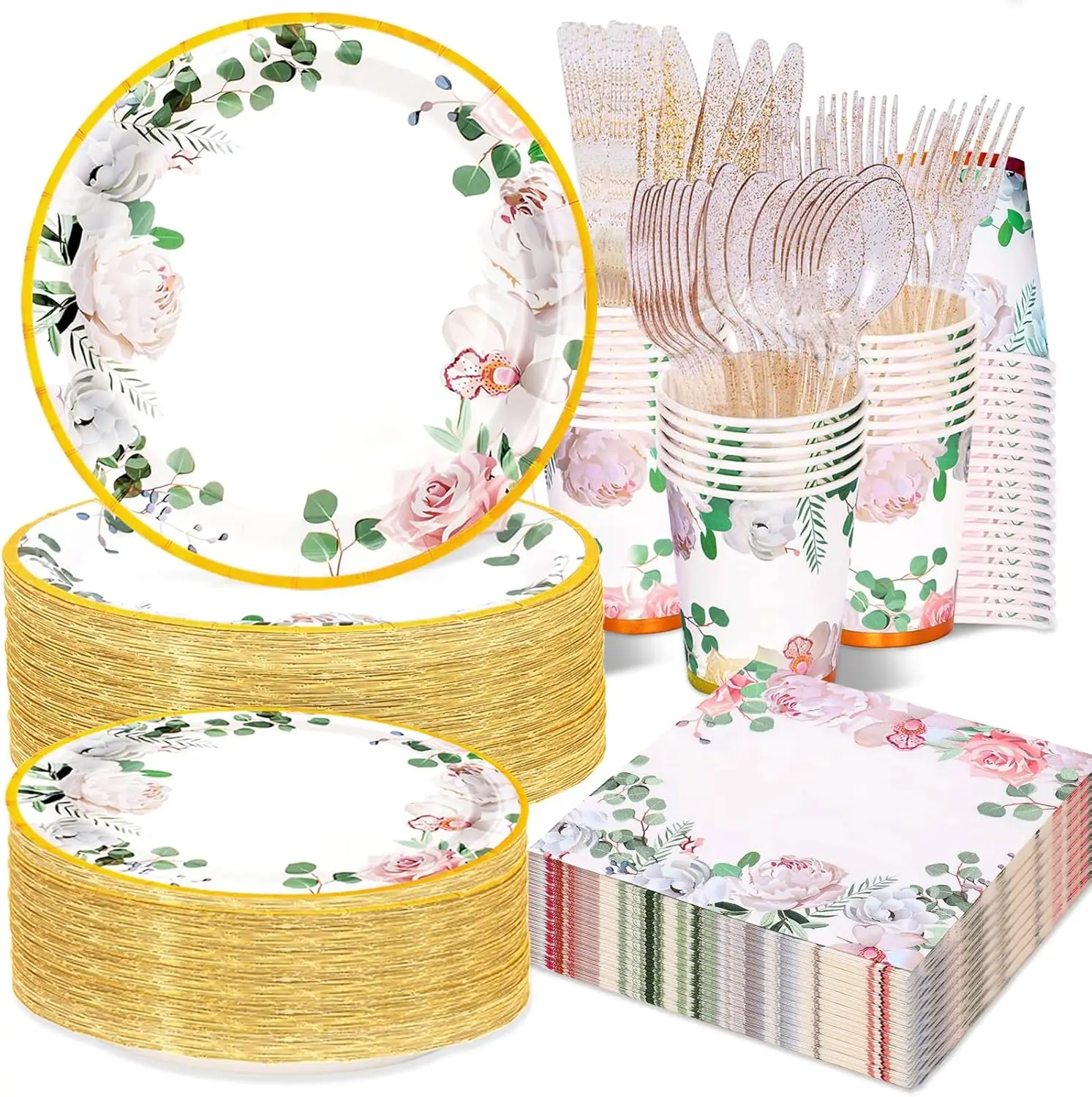 350 Pcs Floral Plates And Napkins Party Supplies Serve 50 Flower Disposable Paper Dinnerware Sets For Adults Bridal Shower