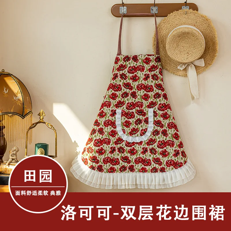 Chinese retro schort met kanten tailleband, licht luxe en esthetisch keukenschort voor thuisgebruik