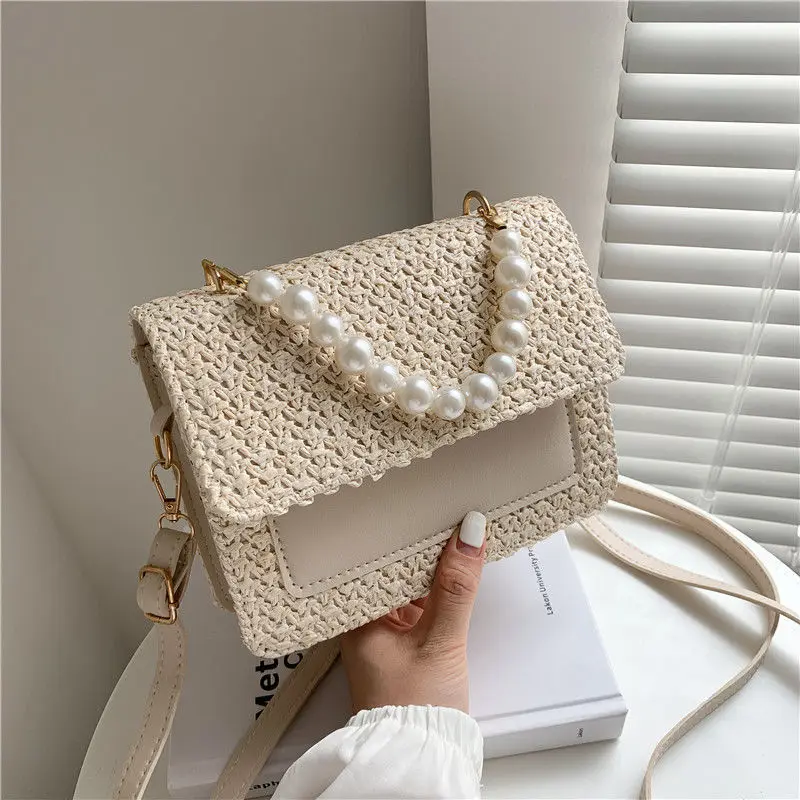 Crossbody Bag Women Designer Shoulder Bag Female Handbag Purse Straw Beaded Fashion New PU Leather Simple Contrast Color