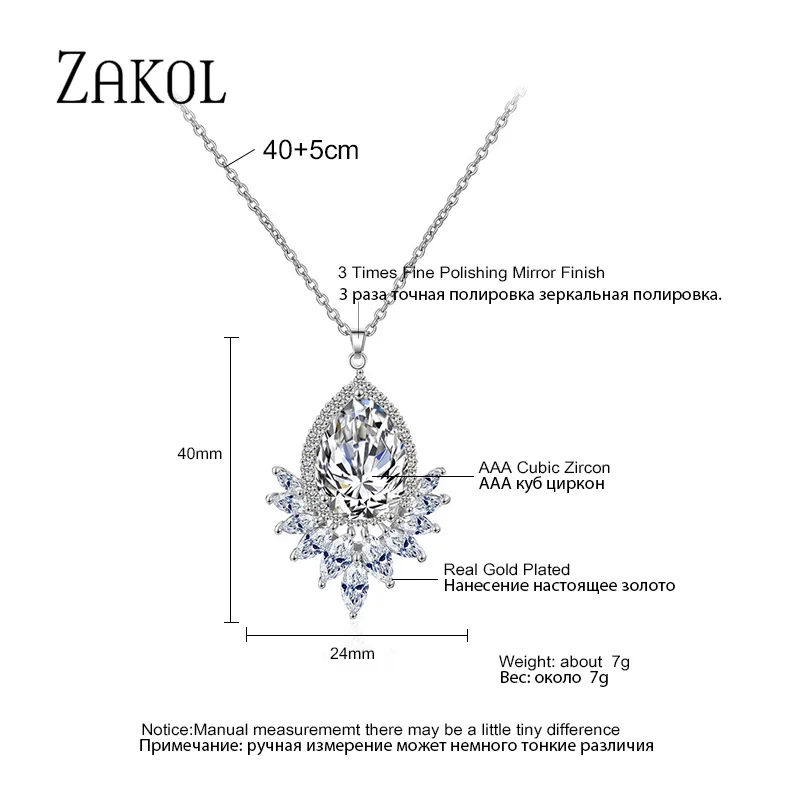 ZAKOL Trendy Zircons Women Pendent Necklace Sparkling Big Water Drop Shape Jewelry For Bridal Birthday Gift NP2023