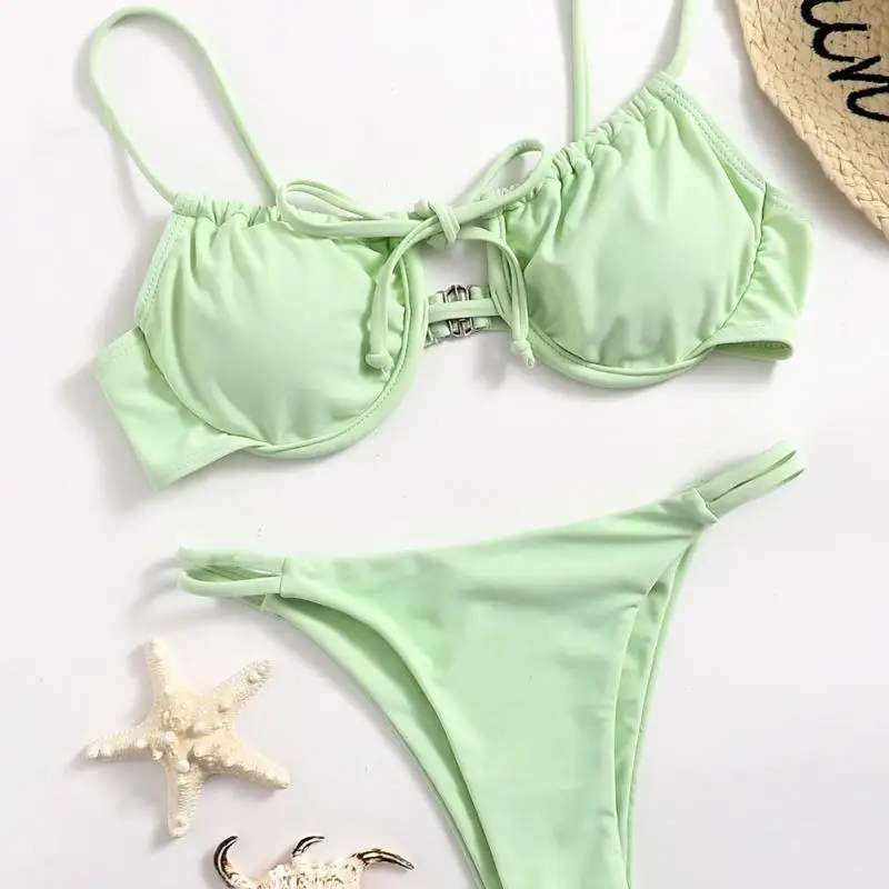 

Summer Beach Vacation Swimsuit Women's Hanging Neck Tied Rope Split Bikini Solid Color Sexy Backless Swimsuit Two-piece Set