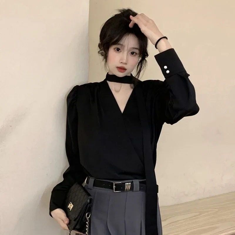 Elegant and Youth Woman Blouses Office Lady Oversized White Shirts Chic Long Sleeve V-neck Tops Korean Review Many Clothes