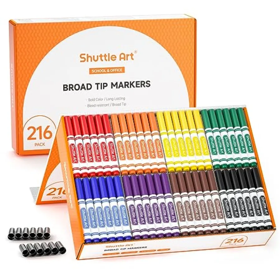 

216 Pack Washable Markers 8 Assorted Colors Broad Line Conical Tip Large Markers Bulk with a Box Bonus Caps Home Classroom Scho