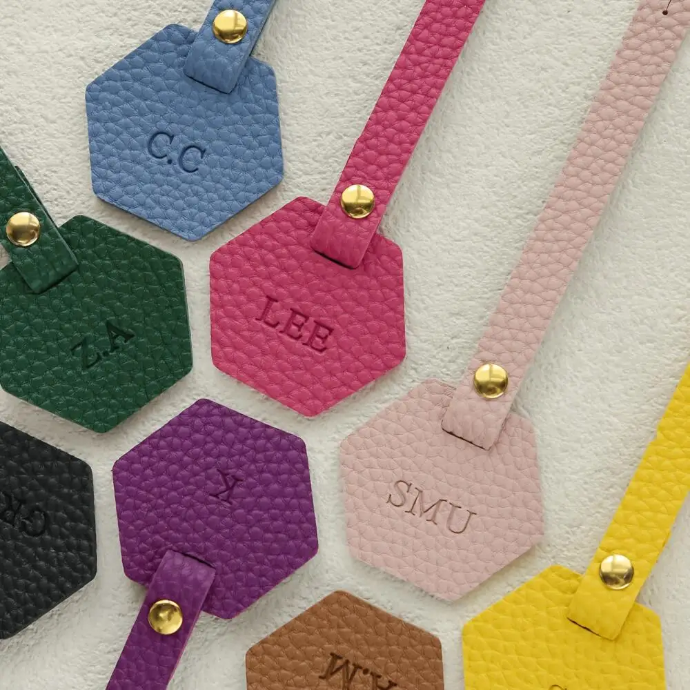 Custom Initals Luggage Tag for Suitcases Bag Customized Monogram Luggage Tags Hexagon Multicolor Lychee Vegan Leather Debossed