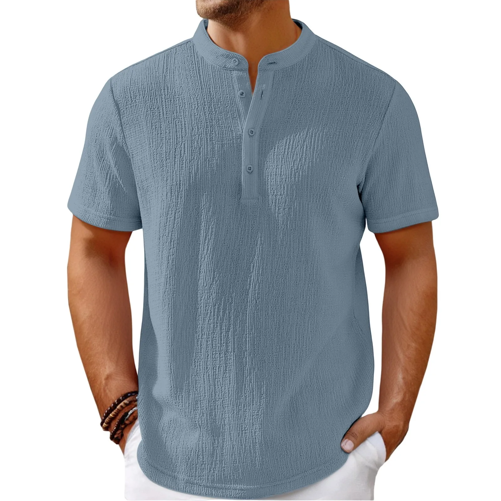 Women's Loose Fit Striped Casual Henley Shirt with Long Sleeves Button Front Stand Collar Soft Breathable Fabric for Everyday