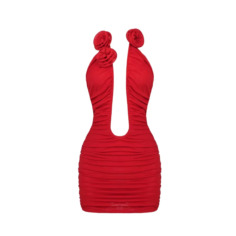 Women's Fashionable Sexy Backless Dress Hollow Three-dimensional Flower Pleated Mesh Strapless Dress 2025 New Red Evening Dress