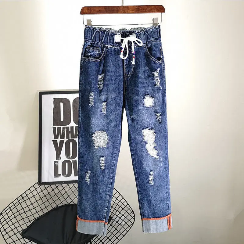 Celana Baggy Pinggang Tinggi Elastis Celana Jeans Wanita Robek Lubang Denim Cuci Ringan Celana Panjang Kaki Lebar 2022 Manset Fashion Musim Panas Streetwear