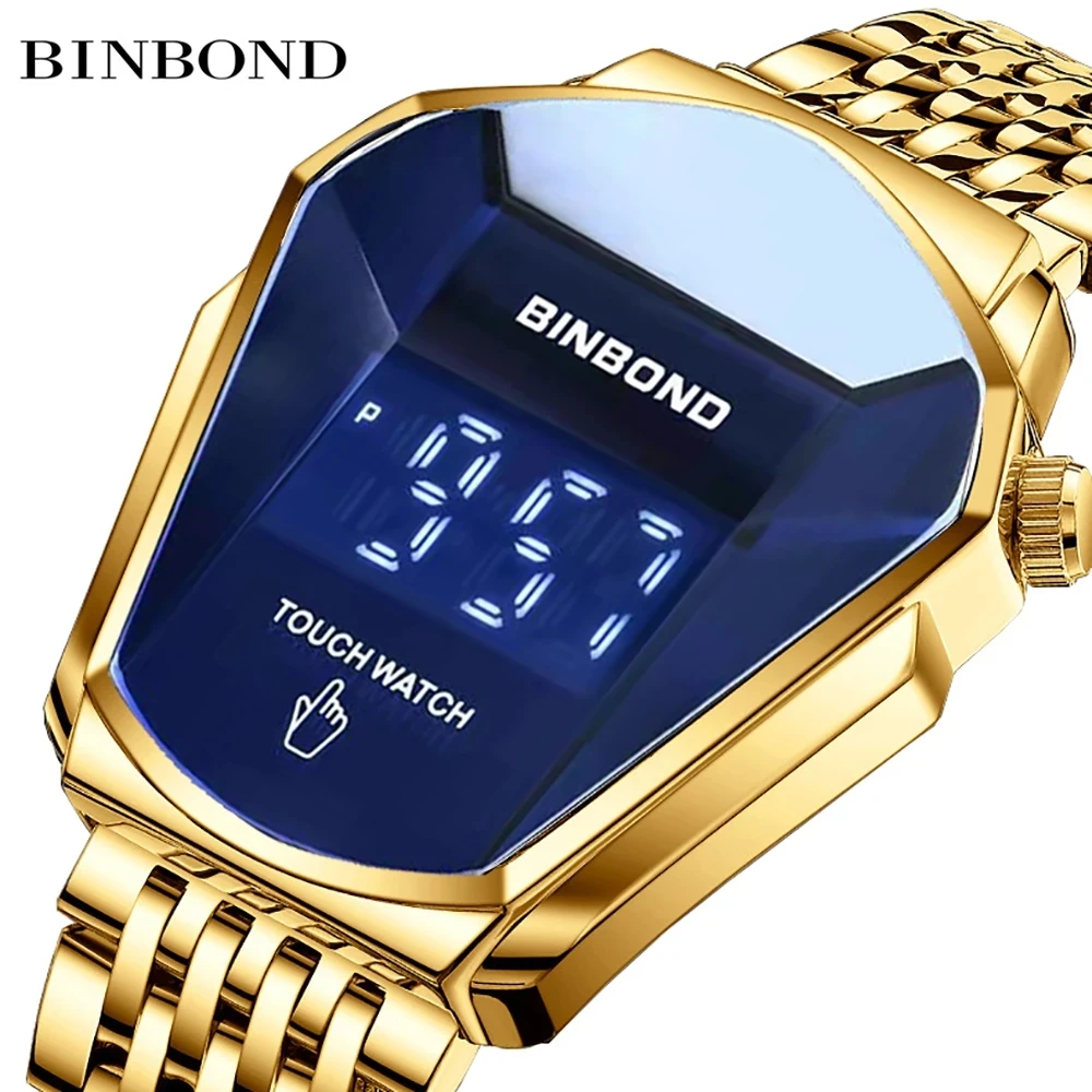 Reloj deportivo de pulsera para hombre, cronógrafo Digital con pantalla táctil LED, diseño 3D de cristal dorado, informal, 2023