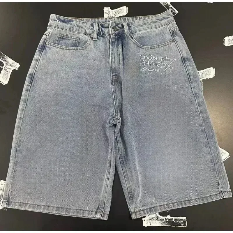 Celana pendek Denim olahraga longgar musim panas celana pendek huruf mode baru pria celana pendek Retro Harajuku Hip Hop celana kaki lebar Streetwear