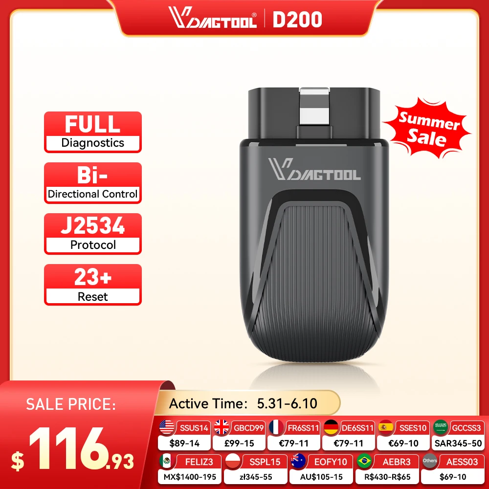 

New VDIAGTOOL D200 Bluetooth OBD2 Scanner Car Diagnostic Tools Lifetime Free Update 26+Reset All System Active Test J2534 FCA