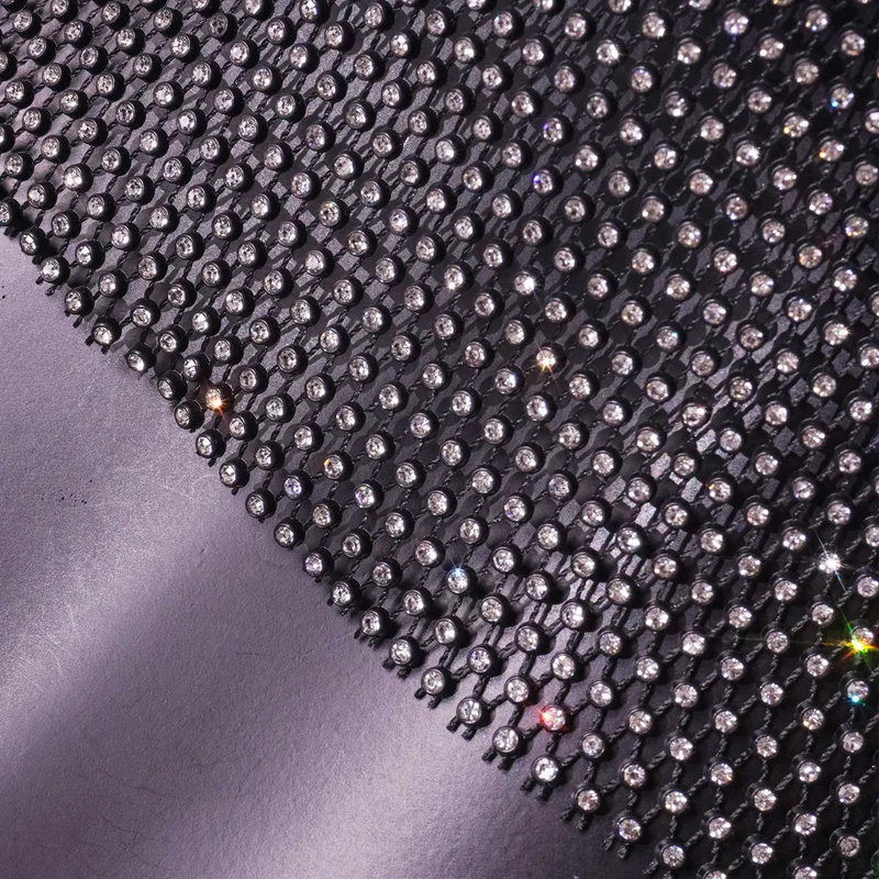 Glamorous Black Fishnet Diamond Mesh Top Bling Sexy Y2K Sparkling Fishnet Rhinestone Long Sleeve Crop Tops  for Beach Party