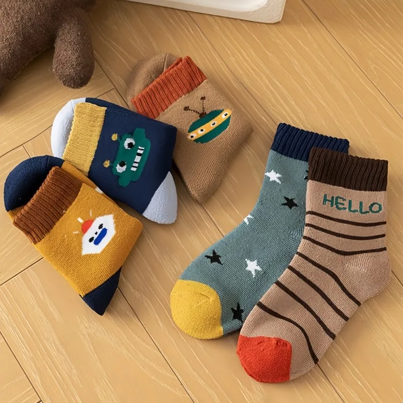 5 Paar dicke warme Socken für Kinder, niedliche Cartoon-Babysocken, mittellange Socken, warme Plüsch-Langsocken für den Winter, thermische Kinderschuhe – Detail 3