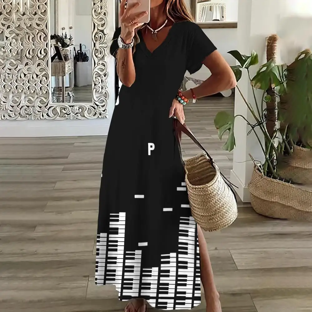 2024 Black And White Music Note Print Women\'s Dresses Plus Size Elegant Dresses Female Long Dresses Summer  Women\'s Clothing