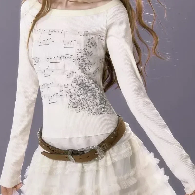 Damen Langarm Top Baumwolle T-Shirts Musik Partitur Print Y2k Tops Grafik T-Shirt Trend Slim T-Shirts für Frau Fee Kleidung E-Girl