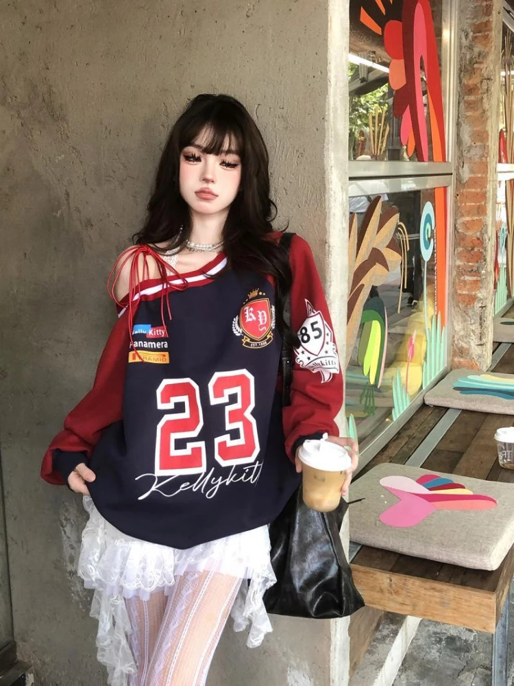 Contrast Color Letter Print Vintage Hoodie Harajuku Causal Loose Preppy Style Tops Women Skew Collar Bandage Grunge Sweatshirts