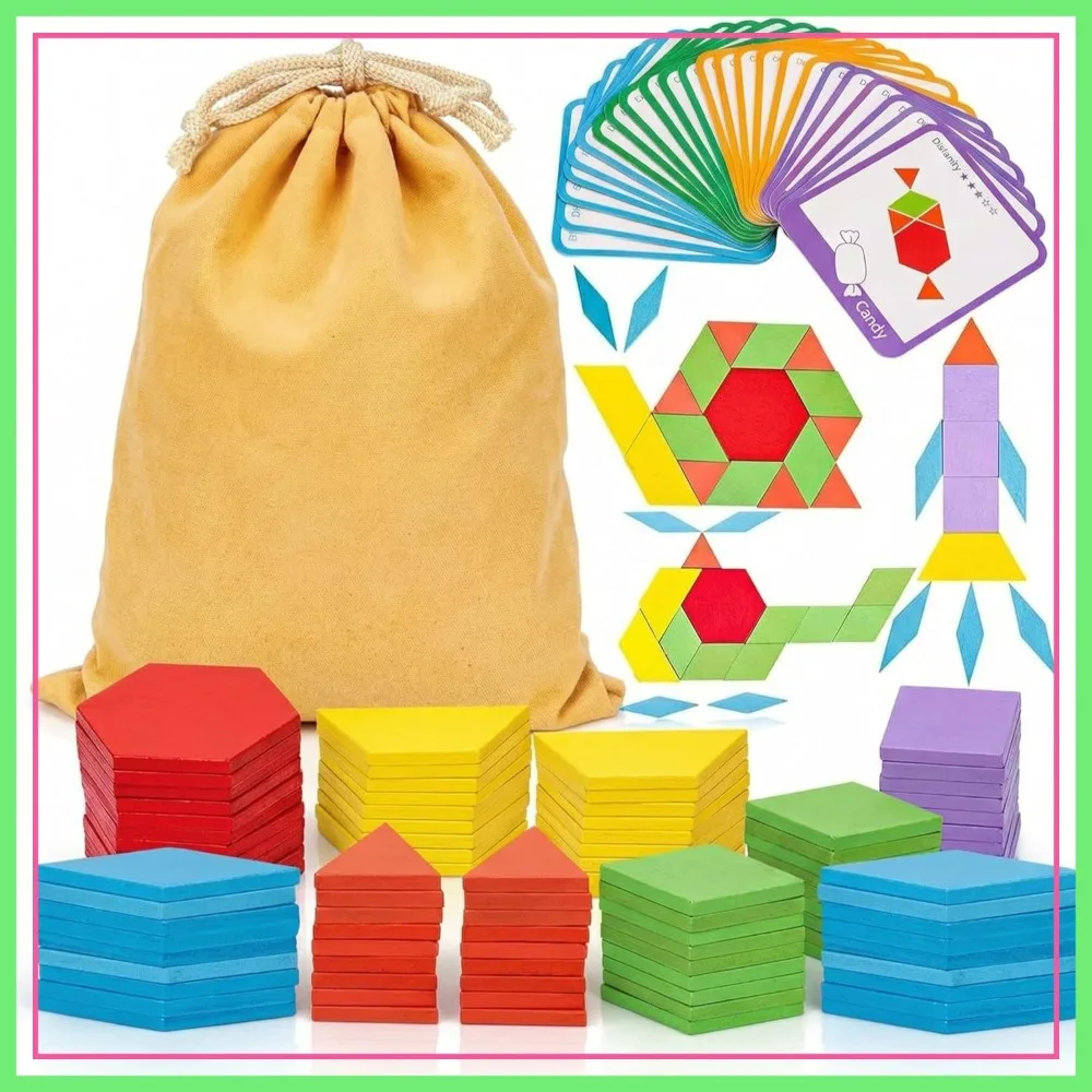 

209 PCS Wooden Pattern Blocks with Activity Cards & Storage Bag, Educational Tangram Puzzles, Great Learning Gift