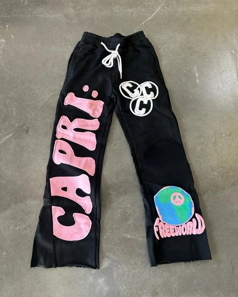 Y2K Hip-Hop Schlaghose Unisex Sommer Weite Beine Hose mit Schaumstoff-Buchstaben-Aufdruck Erde-Frieden-Motiv Elastische Street-Sweatpants – Detail 3