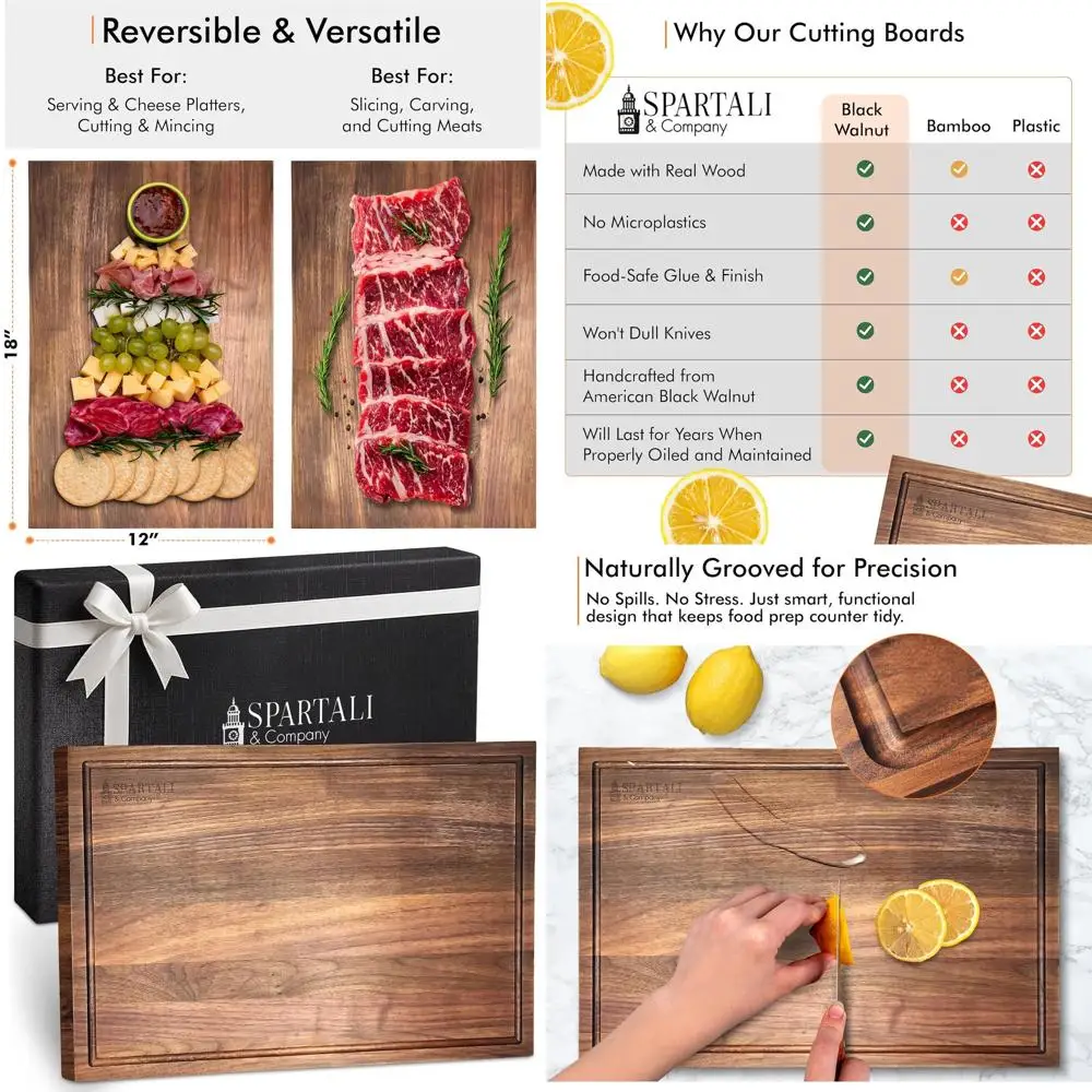 

Reversible 18x12 Black Walnut Cutting Board with Juice Groove - Premium Hardwood Block for Meat, Cheese, Veggies - BPA-Free, Gif