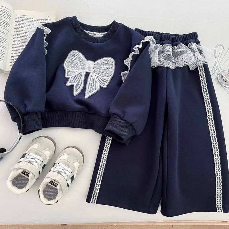 RAISE autumn winter children girls 2PCS clothes set bow printed kids girls sweatshirt lace patched infant babys girl pant outfit