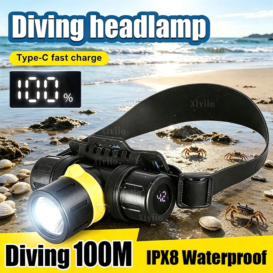 7600000LM Diving 100M IPX8 Waterproof Diving Headlamp Rechargeable Underwater Head Light Diving Tide Pool Crabbing Night Fishing