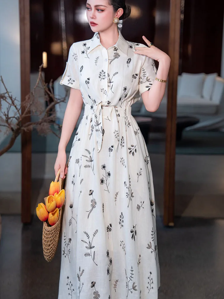 Fashion Elegant Long Shirt Dress Women Summer Beach Holiday Vestidos Belt Pocket Waist Adjust High Street