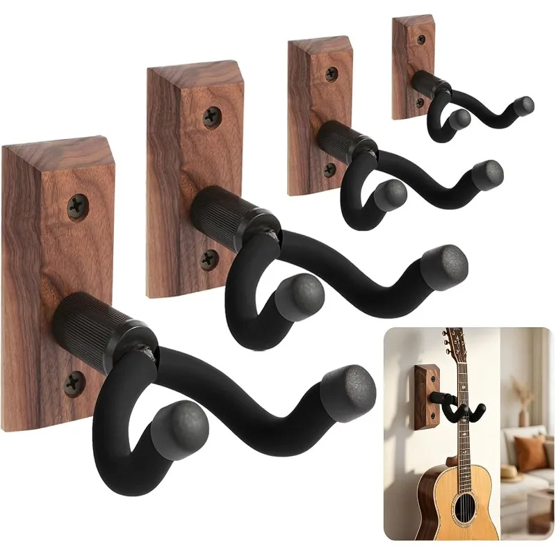 Guitar Wall Mount Hanger, Black Walnut Guitar Hanger Hook Non-slip Holder Stand for Acoustic Guitar Ukulele Violin Bass Guitar