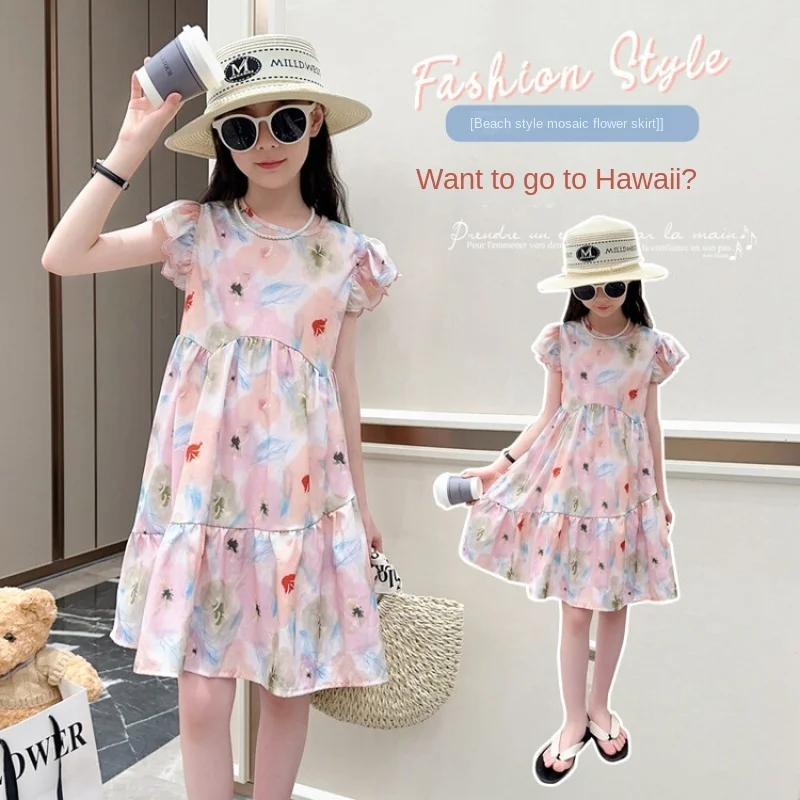 Summer Girls Floral Dresses Children's Clothing Kids Cotton A-Line Dress Princess Teenage Girls Ruffle Skirt Outfit  4-15y