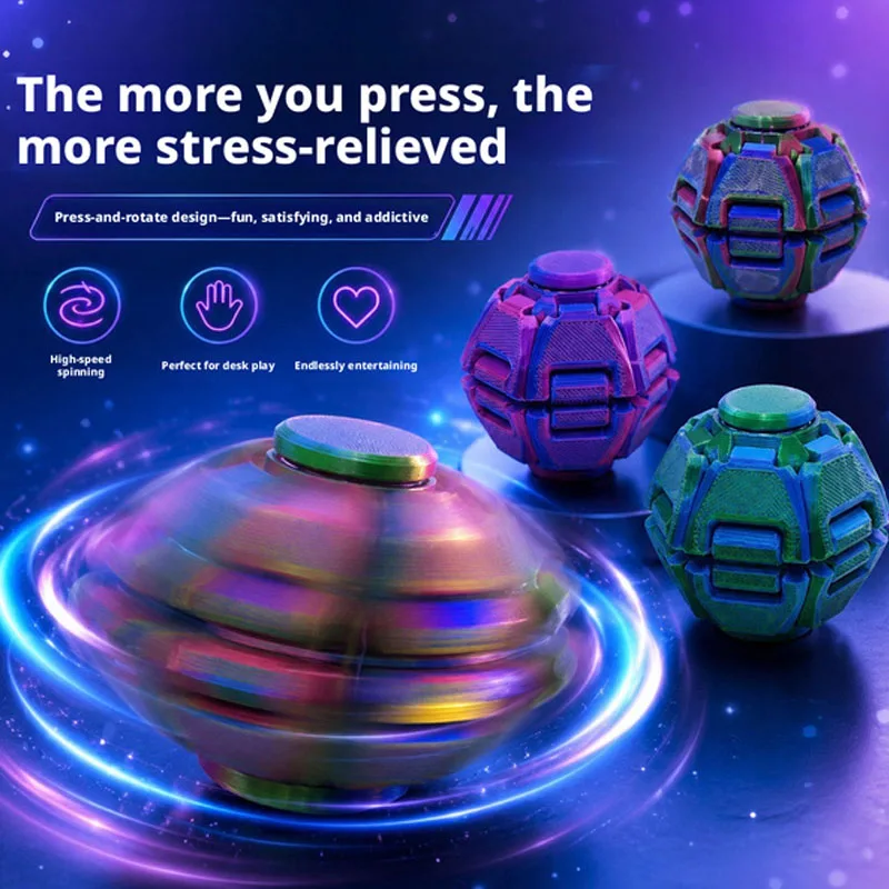 New 3D Press to Spin Soccer Fidget Ball, Palm Sized Finger Spinner Gyro with Colorful 3D Printed Texture