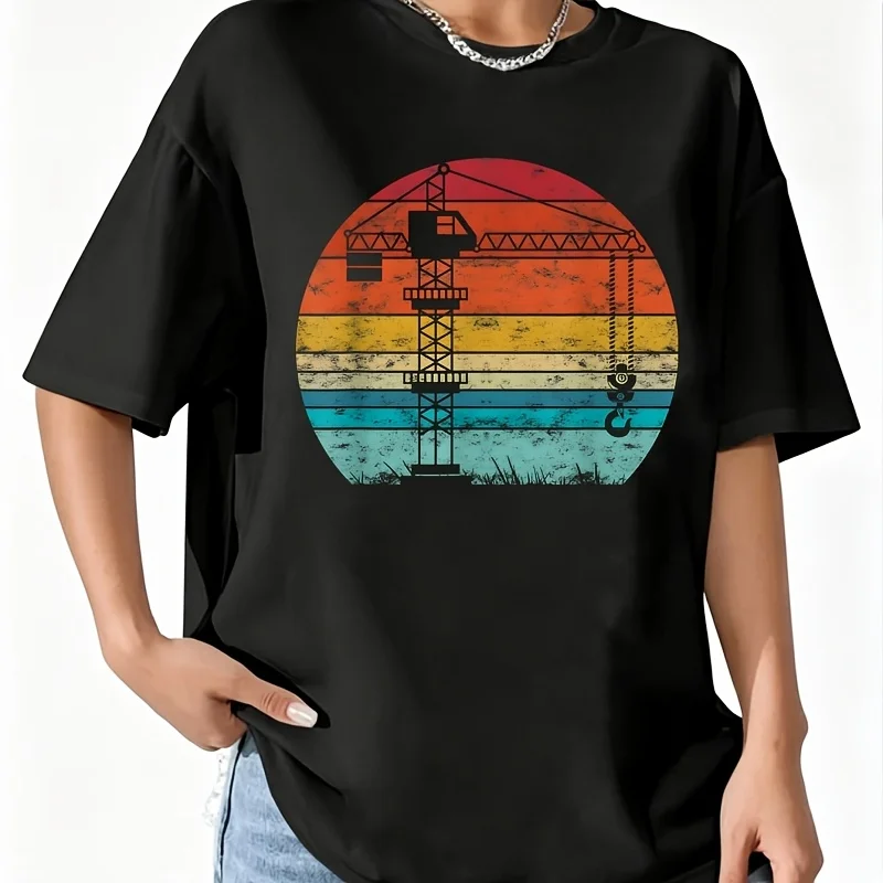Retro Style Usa Crane Operator Women's 100% Cotton T-Shirt Short Sleeve Top Casual Round Neck Fun Print Tee S-5Xl