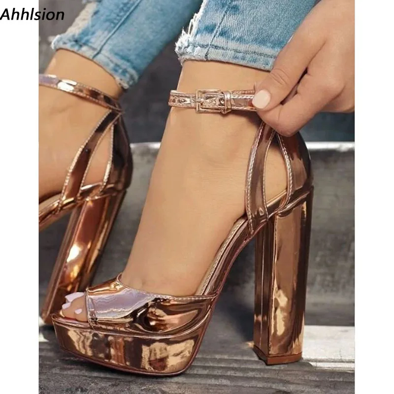 

Ahhlsion Новые стильные женские сандалии Водонепроницаемые устойчивые туфли на массивном каблуке с открытым носком Красивые золотые, серебряные туфли для выпускного вечера Женские большие размеры США 5-20