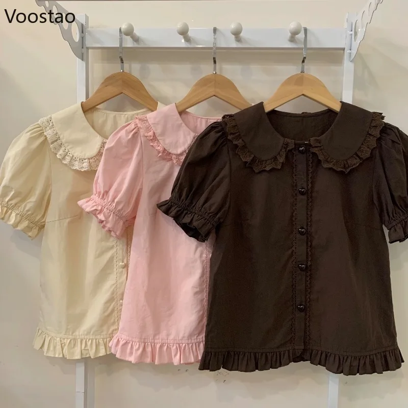 

Japanese Kawaii Lolita Shirts Women Sweet Puff Short Sleeve Lace Ruffles Slim Blouses Girls Cute Y2k Clothes Tops Blusas Mujer