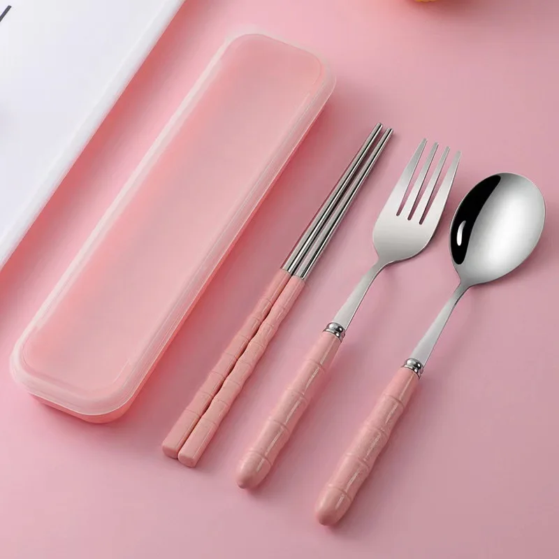 Stainless Steel Pink Cutlery Spoon Fork Chopsticks 3 Piece Set Outdoor Portable Cutlery Student Cafeteria and Adult Lunchware