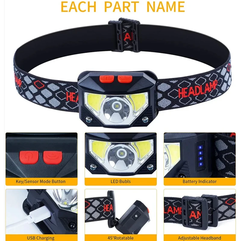 8 Modes Motion Sensor XPE+COB LED Headlamp Flashlight USB Rechargeable Waterproof Camping Head Lamp Running Fishing Headlight