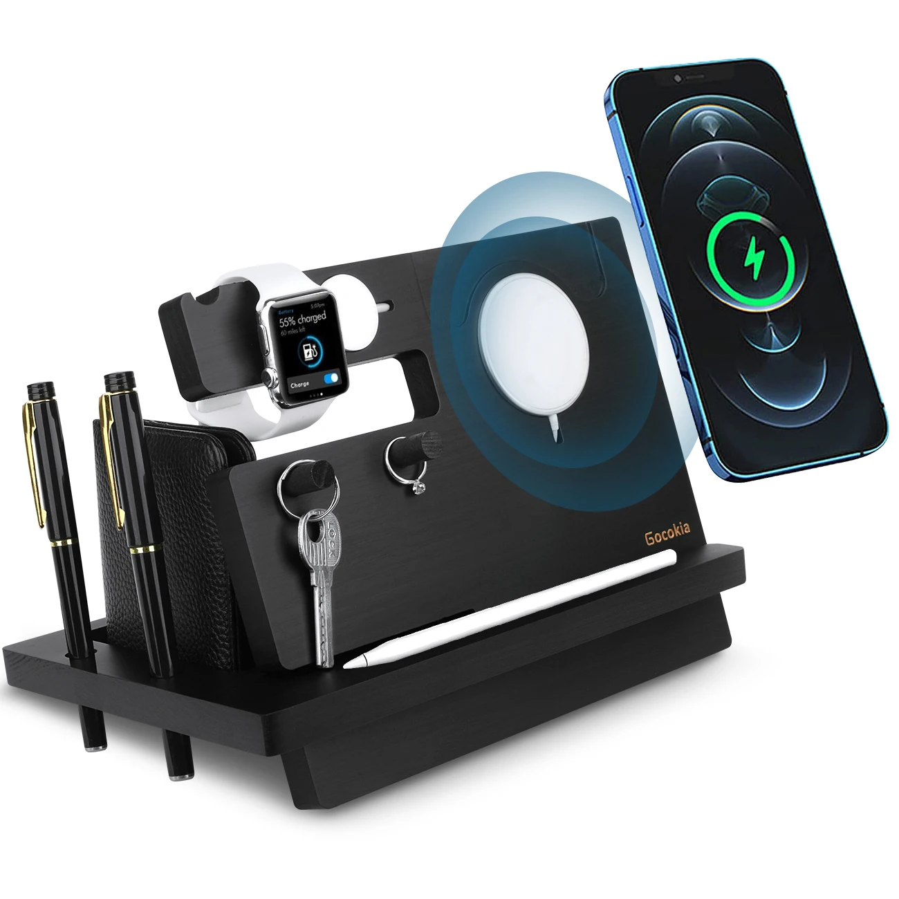 Wireless Charging Stand Wooden Mobile Phone Watch Docking Station Wallet Stand Key Holder Intelligent Desk Organization