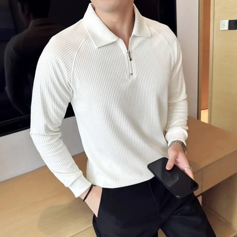 Men High Elastic Long Sleeve Polo Shirts 2024 Autumn Winter Knitted Pullover Turn Down Collar Slim Fit Solid Casual Tee Shirt