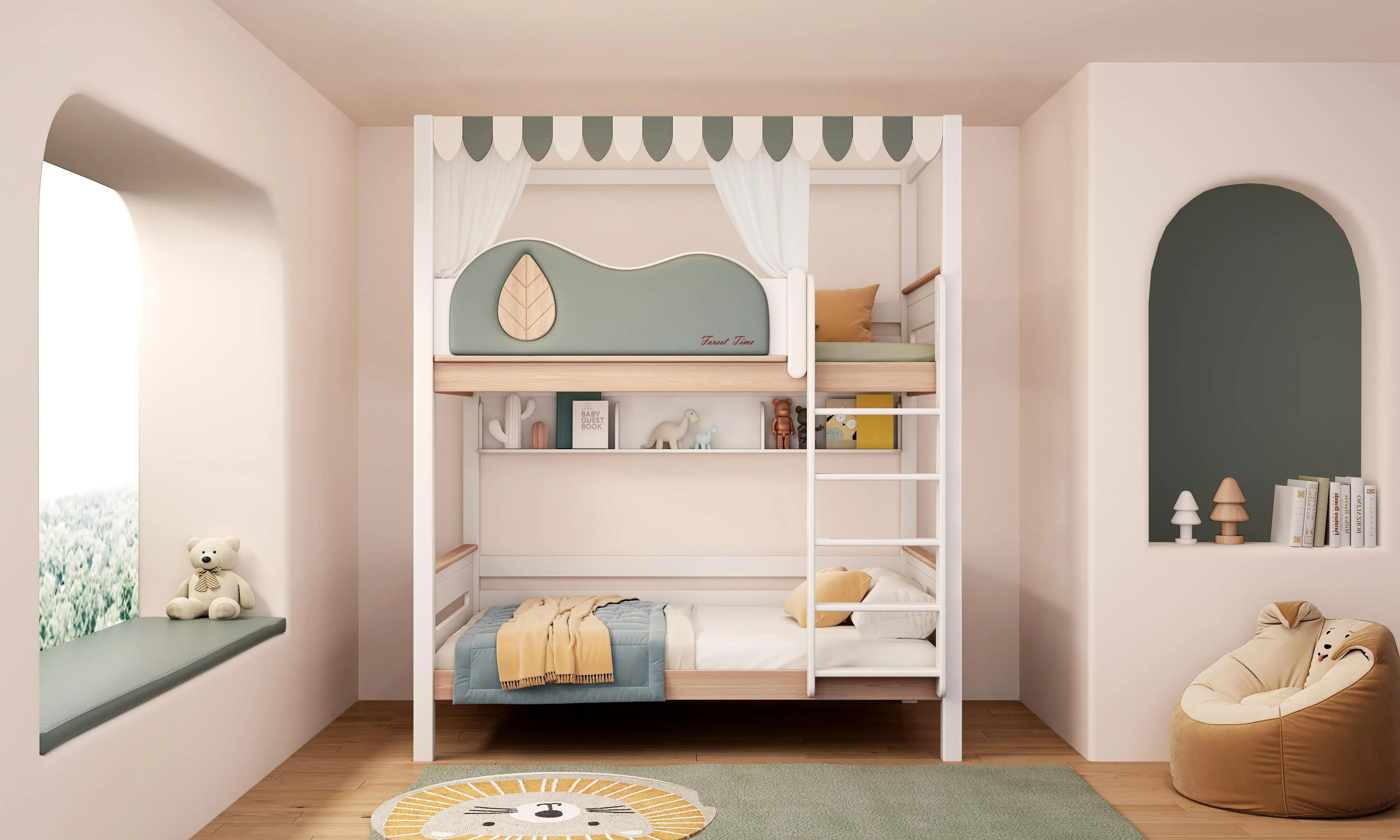 Solid Wood Bunk Beds for Kids High and Low Bookshelf Storage Set for Bedroom or School Children's Bed Room Furniture