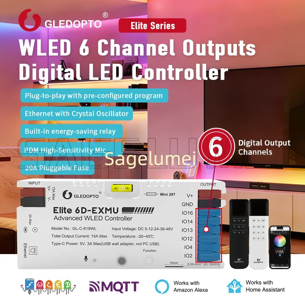 Elite 6-Channel WLED Controller Ethernet Mic Relay Support Home Assistant Music Sync 15A DC5-48V LED Strip Controller GLEDOPTO