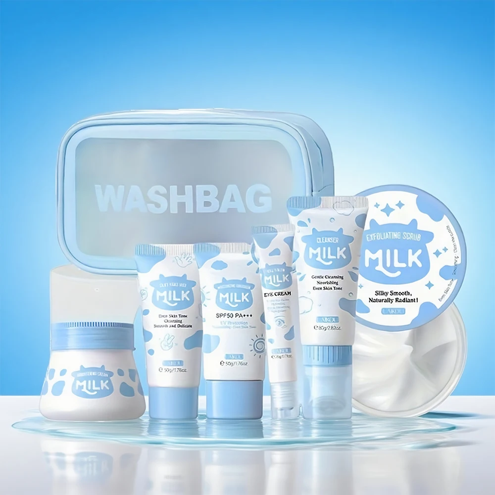 Juego de cuidado de la piel con leche, 7 Uds., hidratación corporal, belleza, limpiador Facial, exfoliante corporal, cera de manos, crema para ojos, bolsa de almacenamiento de protección solar