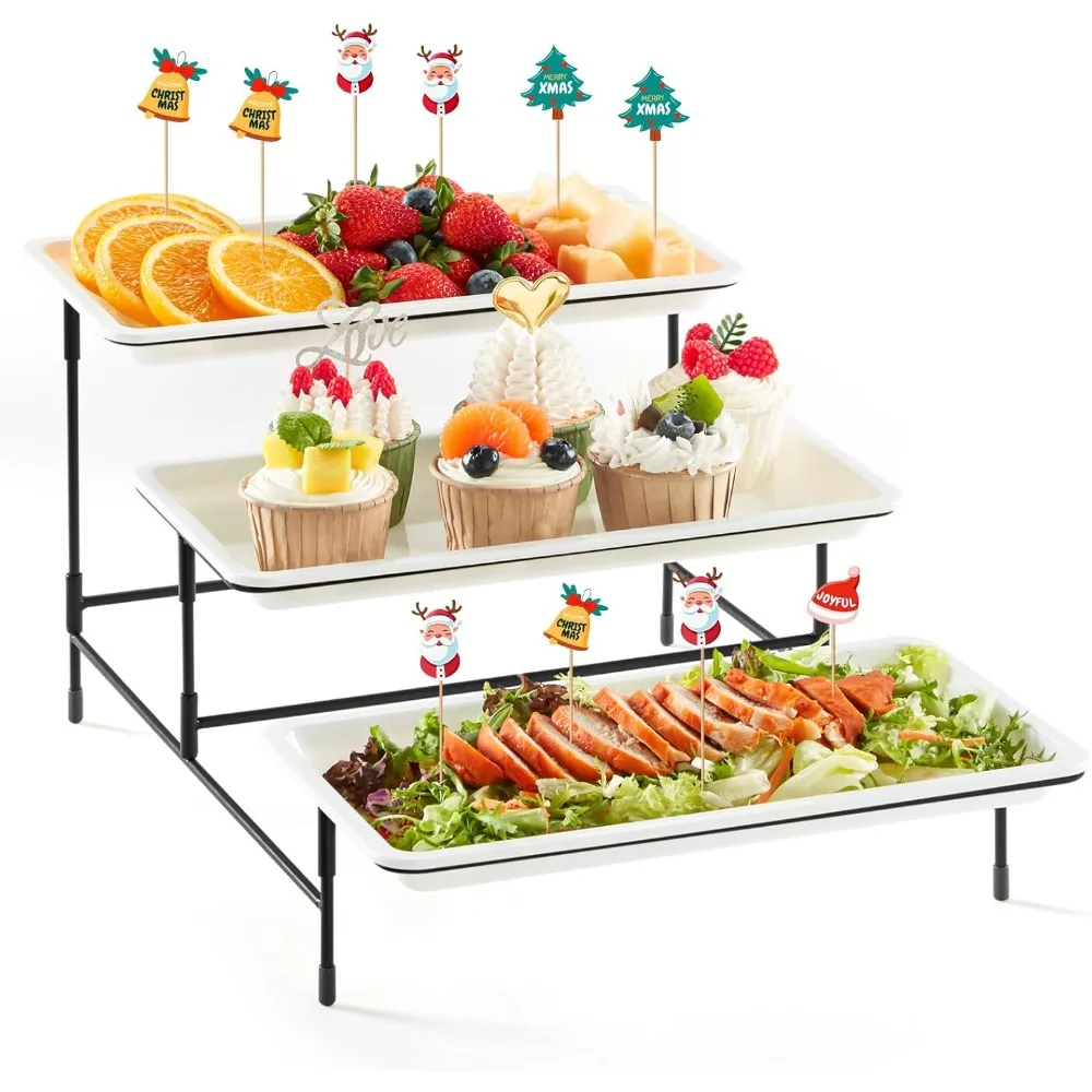 

3 Tier Plastic Serving Tray for Party Supplies, White Trays with Black Metal Display Stand for Veggie, Fruit, Cookies, Dessert