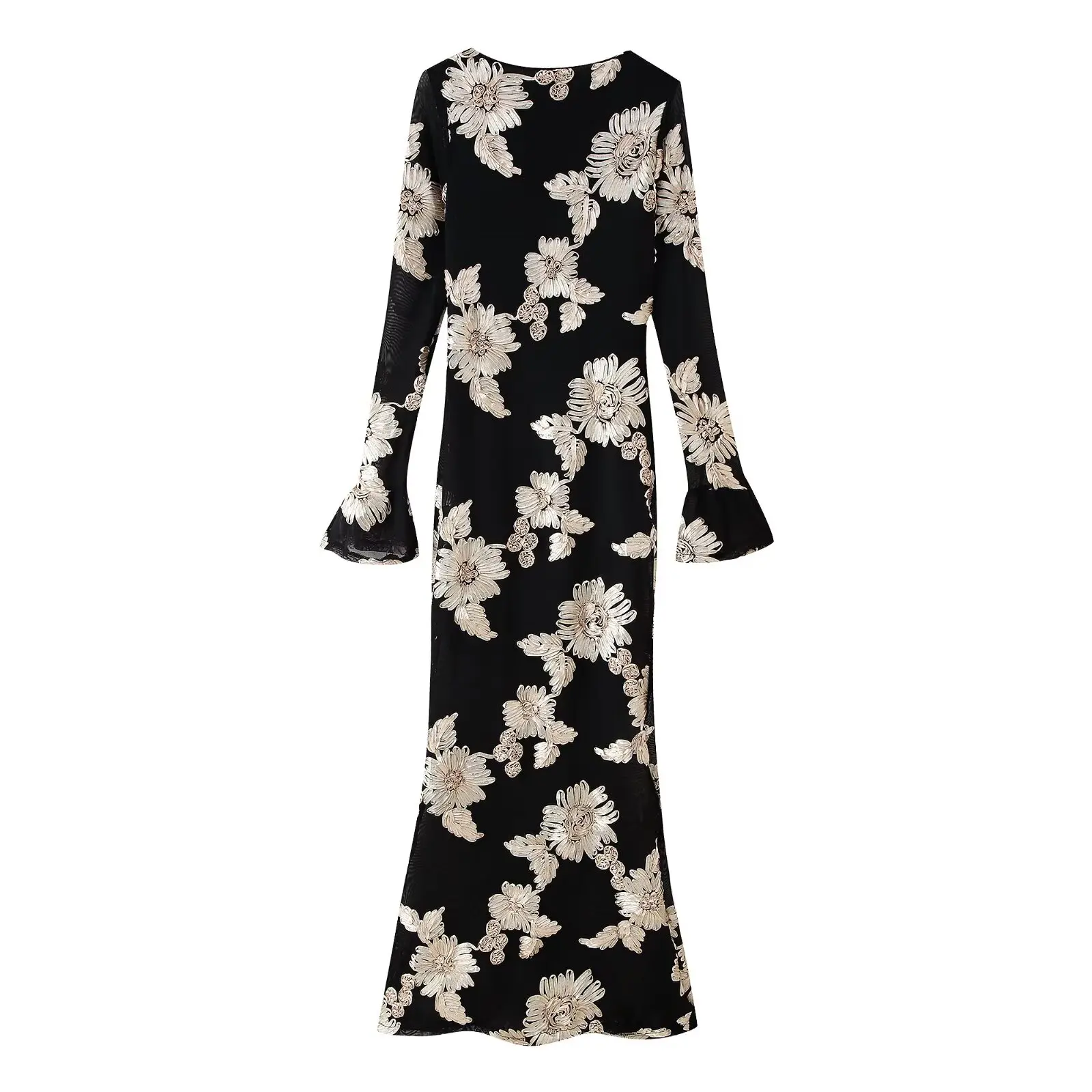 2025 Geborduurde Slanke Jurk Nieuwe Bloemen Mesh Jurk Elegante Feestjurken Voor Vrouwen O-hals Lange Mouw Vestidos Streetwear