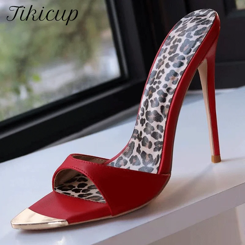 Fashion Women's Red Stiletto Heel Mules Leopard Insole Metallic Toe Cap Trendy Pointed Toe Slip-On High Heel Sandals for Party