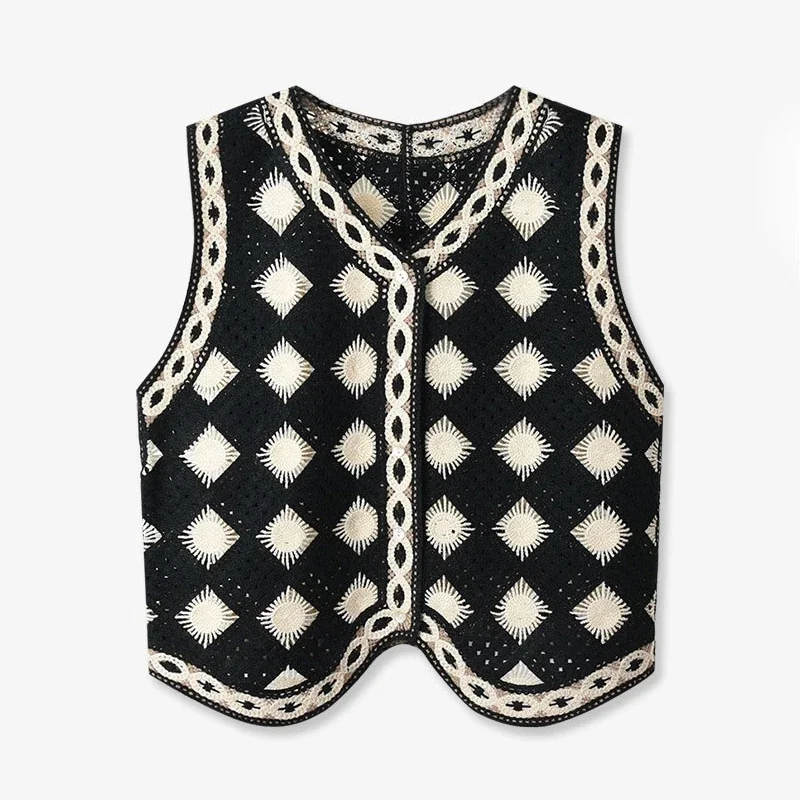 Czarno-biała kamizelka w kratę, szydełkowa bluzka damska, prześwitująca, dzianinowa, bez rękawów, zapinana na guziki, kurtka, styl boho, na wakacje.