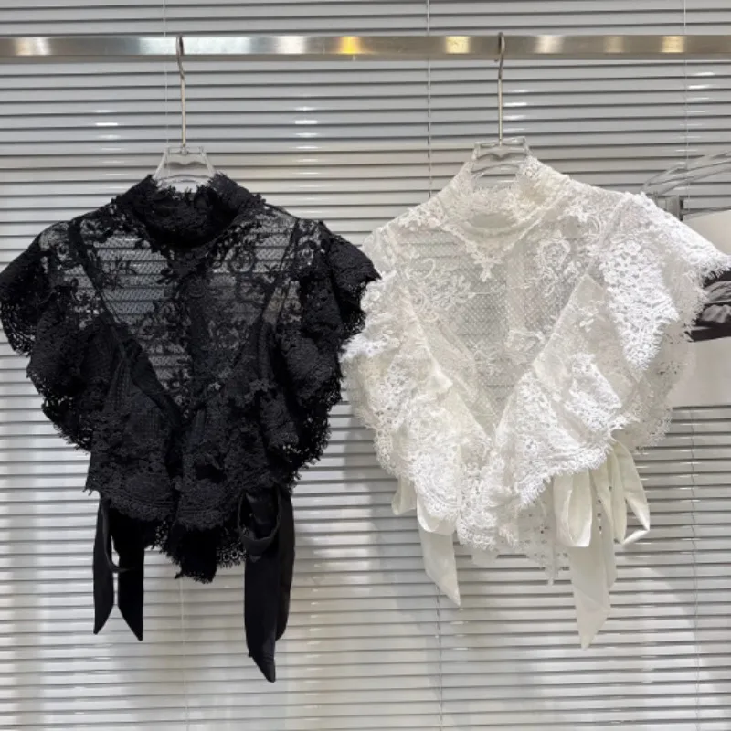 Women See Through Lace Ruffle Vests French Style Half High Collar Sleeveless Lace-up Ribbon Triangle Shawl Casual Blouses Tops