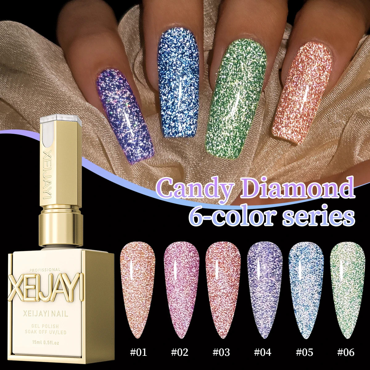 

6 шт., 15 мл, гель-лак для ногтей Candy Diamond Series, УФ-светодиодный замачиваемый гель для ногтей, полупостоянный, качественный гель для дизайна ногтей «сделай сам»