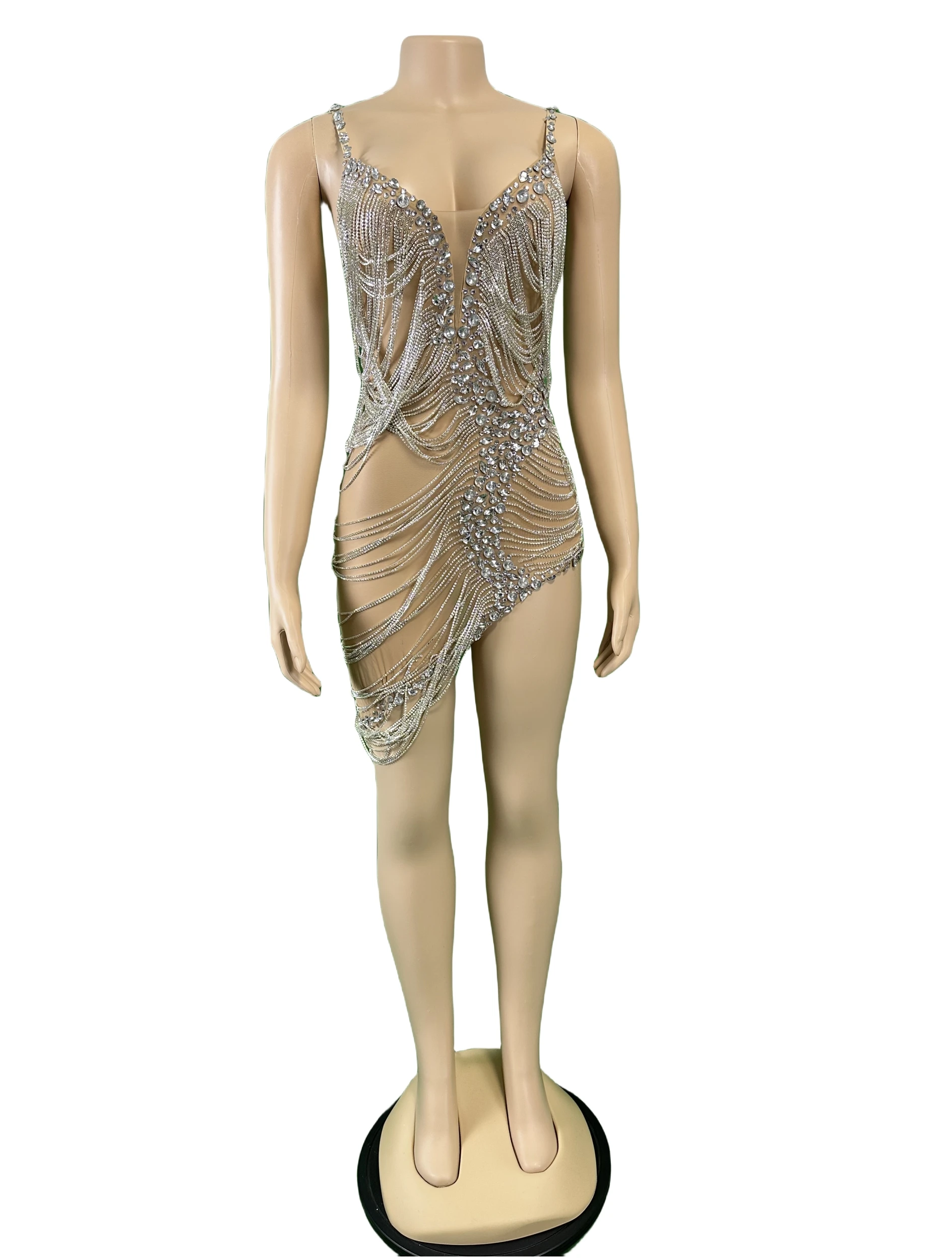 

Women Drill Chain Sexy Birthday Queen Rhinestone Mini Short Dress For Drag Evening Party Outfit Singer Wedding