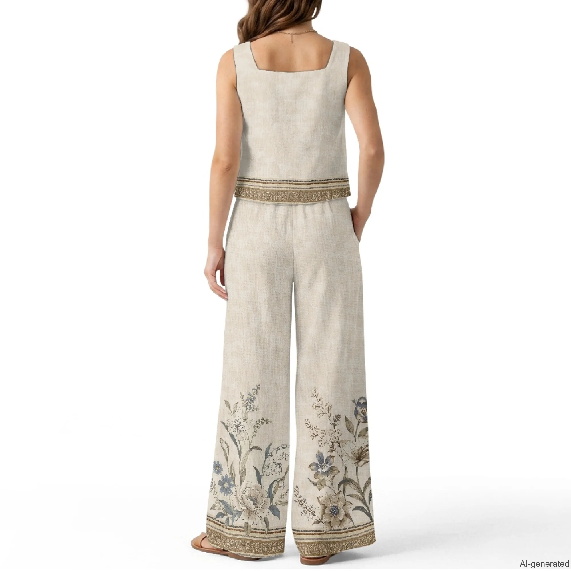 XIXIRIMIDO Women's Linen Two Piece Ethnic Stripe Sleeveless Tops Wide-Leg Pants Lounge Set Beach Vacation Outfits with Pockets