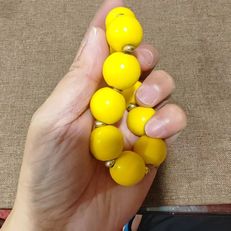 Unisex Handcrafted Elastic Bracelet Retro Bohemian Bright‑Yellow Round Lampwork Glass Beads Gold‑Tone Spacers Wrist Jewelry