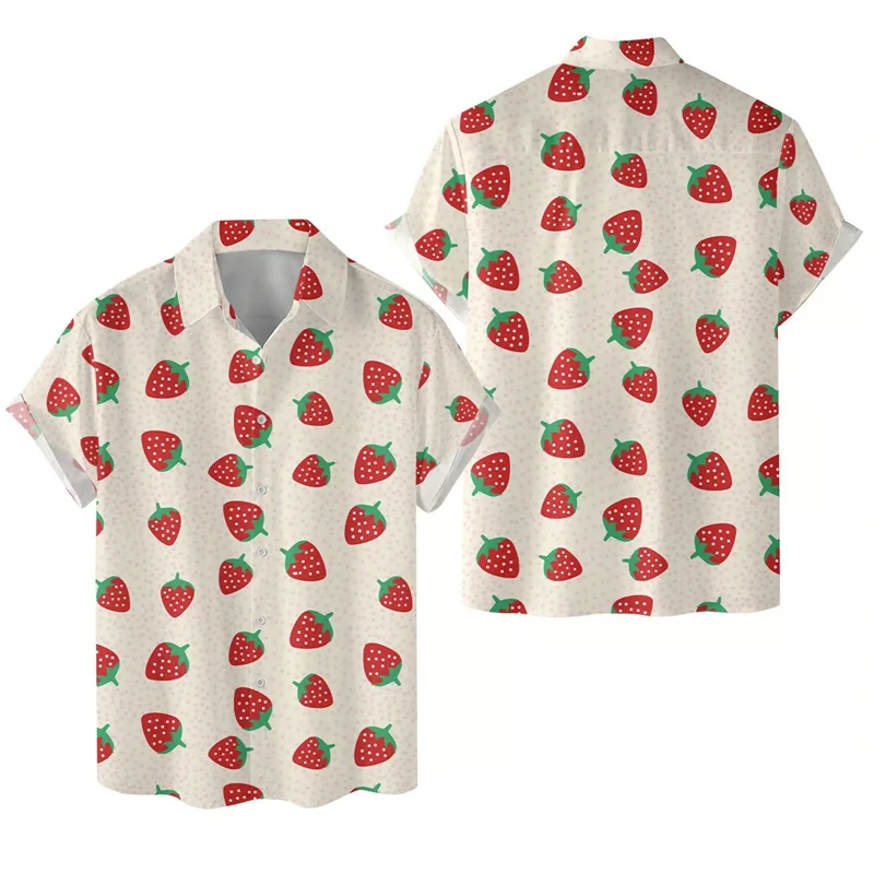 Sweet Fruit 3D Print Men\'s Shirts Strawberry Pattern Casual Fashion Short Sleeves Tops Button Lapel Streetwear Oversized Blouse